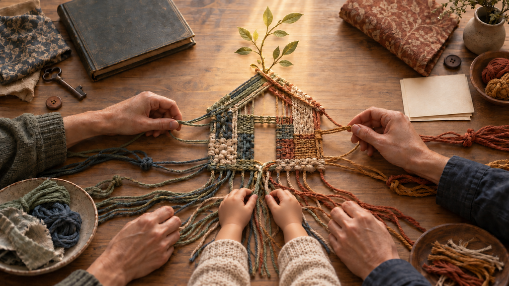 Pedagogista in casa. Un cambiamento di paradigma. Due adulti intrecciano i fili di una casa mentre le mani di un bambino partecipano alla costruzione.