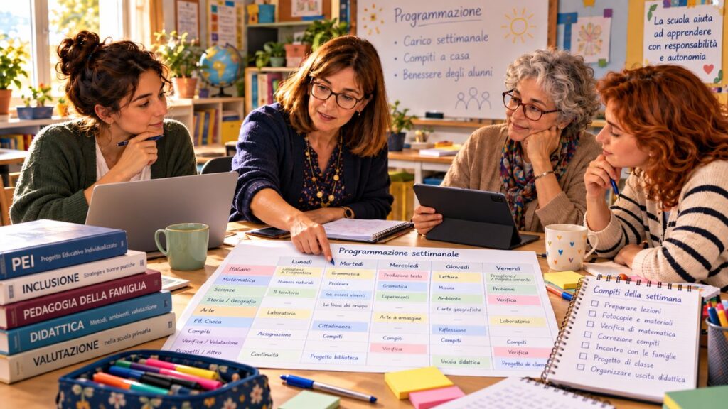 Compiti a casa. Insegnanti della scuola primaria durante una programmazione settimanale sui compiti a casa, il carico scolastico e l’autonomia degli alunni.