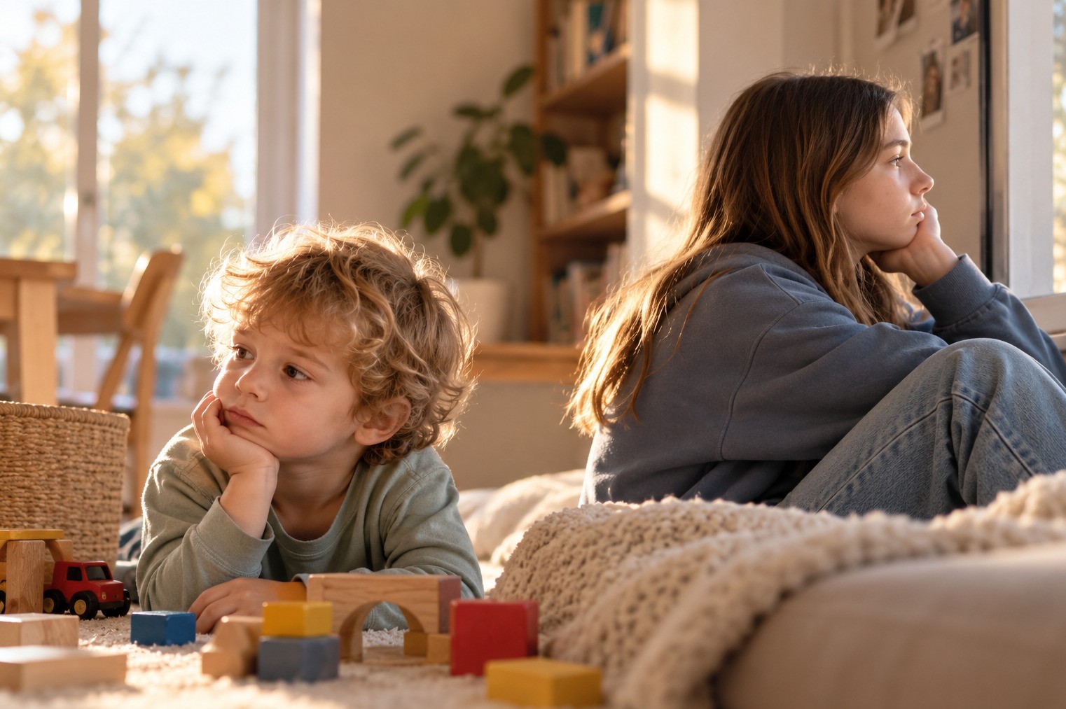 Noia. Un bambino vicino ai suoi giochi e un'adolescente pensierosa alla finestra, in una scena evocativa della noia nelle diverse età.